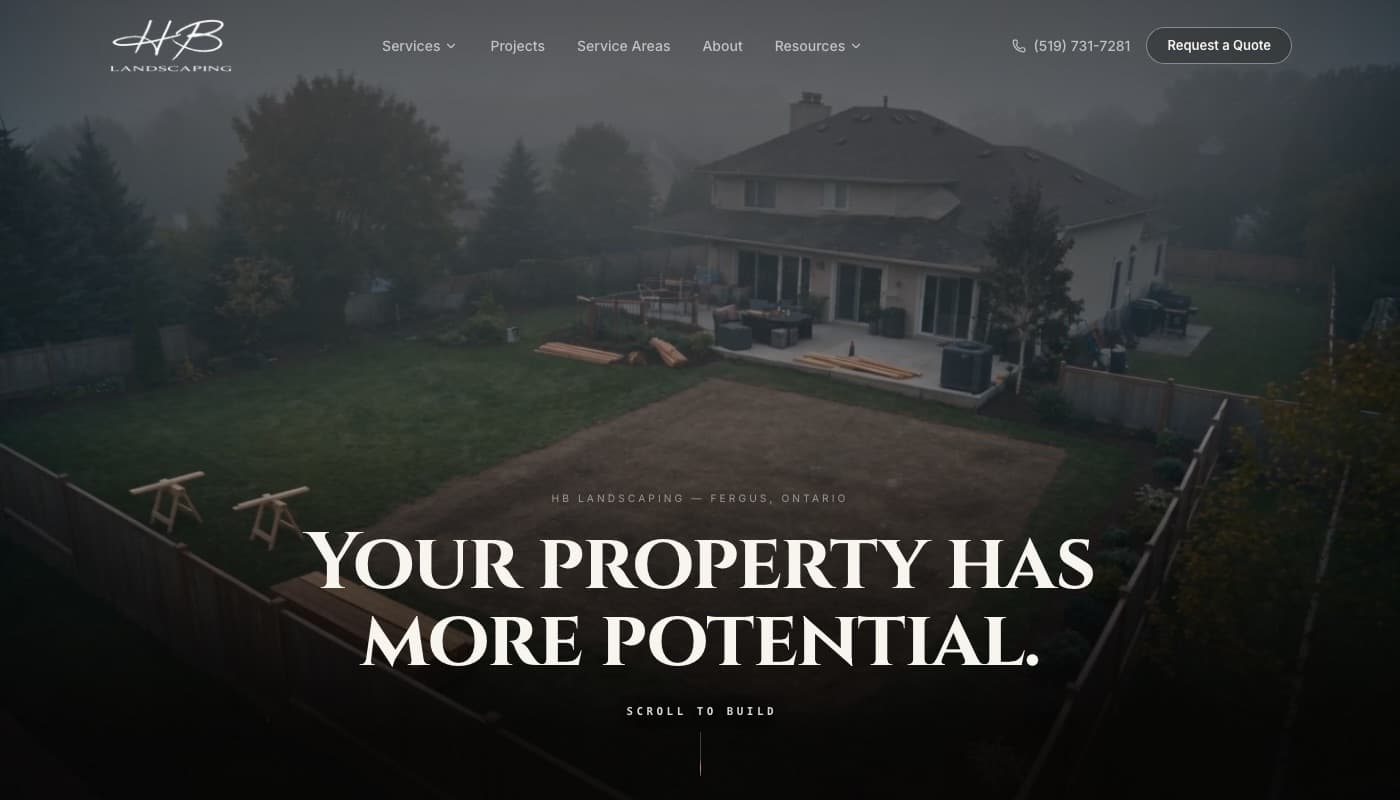 hughblacklandscaping.ca homepage by Silvanè Studios — dark editorial hero with project photography